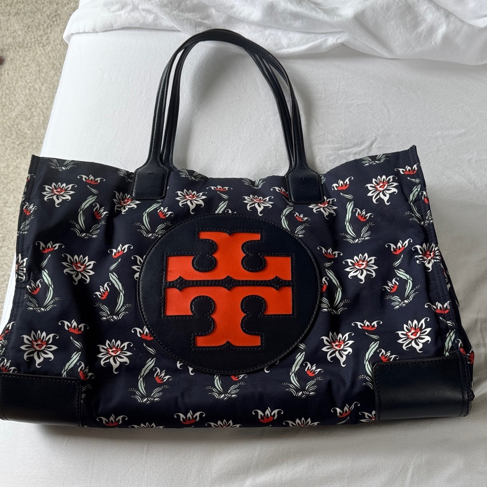 Tory Burch Navy and Orange Ella Tote